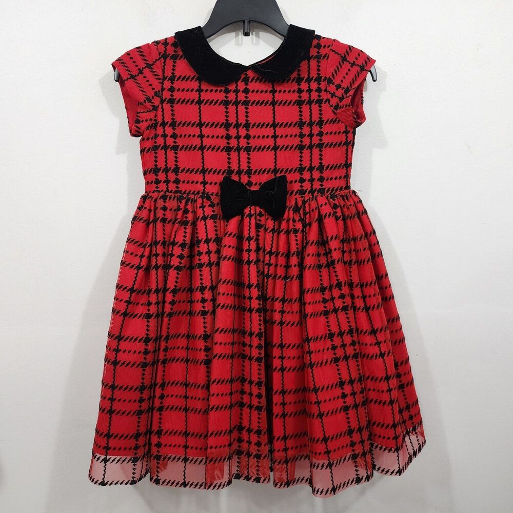 Laura Ashley London Girls Red Plaid Christmas Holiday Party Dress Velvet Bow Sz5